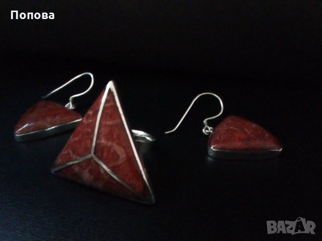 Дизайнерски сребърен комплект  с червен  корал   /обеци и пръстен /, снимка 3 - Бижутерийни комплекти - 30163938