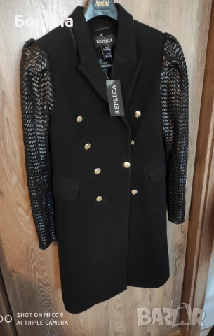 Replica Moda ново с етикет палто вълна с кожени ръкави, снимка 5 - Палта, манта - 52631600
