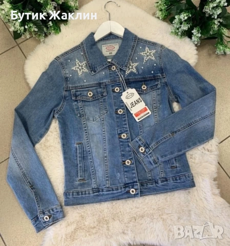 Дамско дънково яке с перли, снимка 1