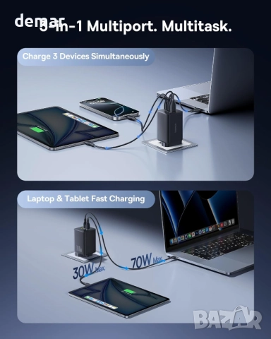 Зарядно Baseus 100W с три порта, 2 USB C, 1 USB A, компактно PPS, снимка 3 - Оригинални зарядни - 52085450