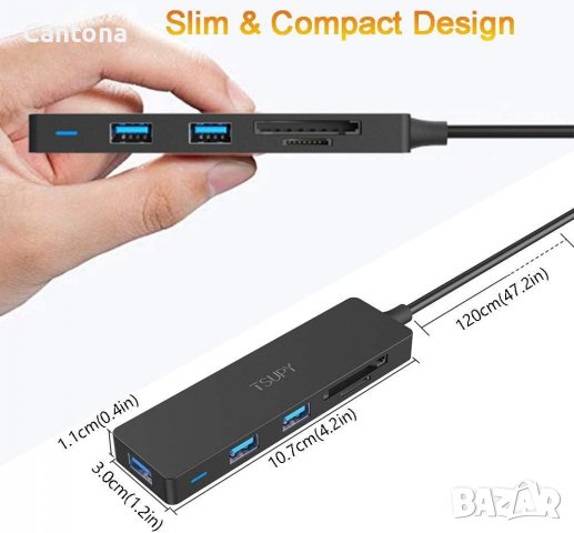 TSUPY Multi USB HUB, 5-в-1, SD и Micro SD четец, 3 USB 3.0 порта - 120 см кабел, снимка 3 - Други - 40210568