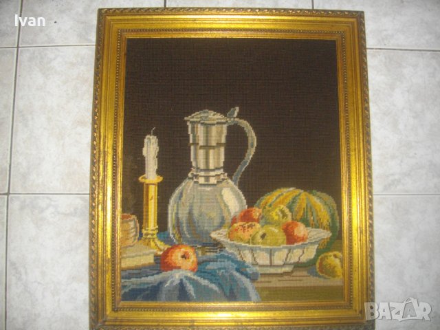 Голям Немски Гоблен-615х525мм-Натюрморт-Плодове-DMC Конци-Ръчно Нашиван-Рамкиран