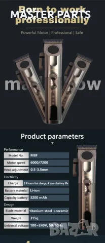 Професионален Fade клипер Madeshow M8F 7200RPM Wedge нож 3200mAh база, снимка 6 - Фризьорски принадлежности - 55969448