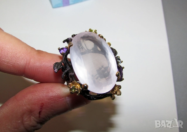 925 сребърен пръстен с 38 карата розов кварц, халка 7/55, снимка 4 - Пръстени - 52886123