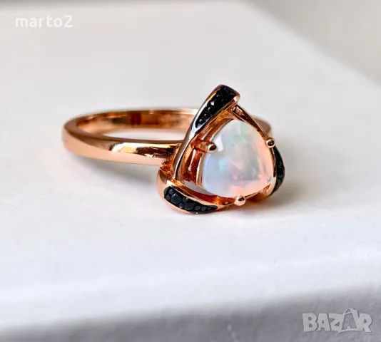Сребърен 925 Пръстен, Розово Злато и Натурален Опал и Черни Шпинели!, снимка 2 - Пръстени - 48066153