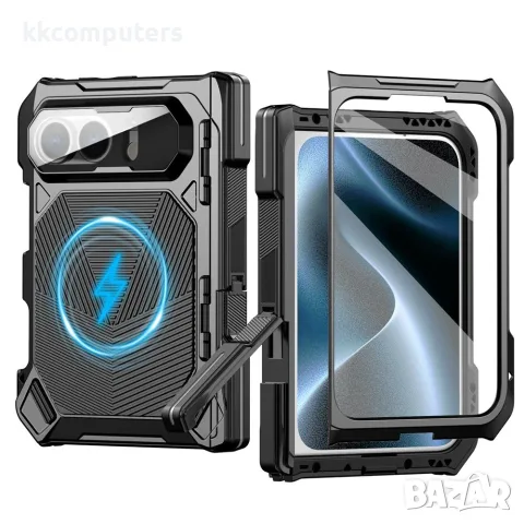 Калъф за iPhone Duo Магнитен Удароустойчив от Цинкова Сплав + Силикон със Стойка и Скрийн Протектор 