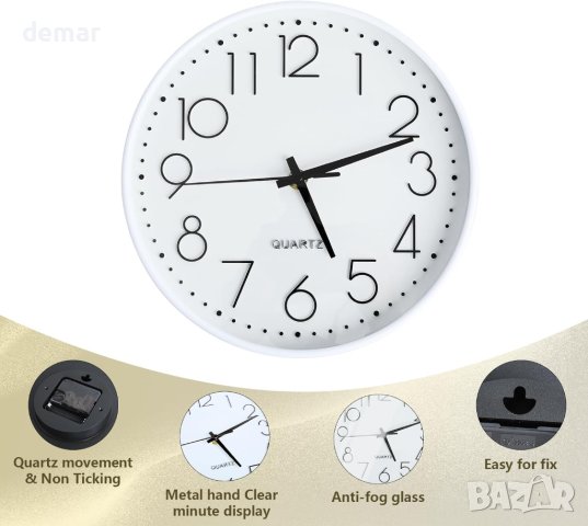 Стенен часовник декоративен модерен кръгъл , безшумен, без тиктакане, 10-инчов, с батерии, бял, снимка 7 - Стенни часовници - 44438075