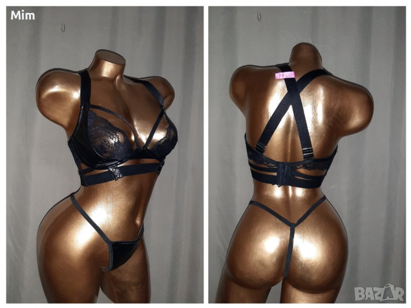 75 Е К-т Черен кожен сутиен и прашка , снимка 1