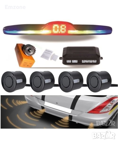 Парктроник Паркинг Парк Сензор 4 датчика с SLIM LED Дисплей и Звуков Сигнал Автомобил МПС 12V, снимка 1