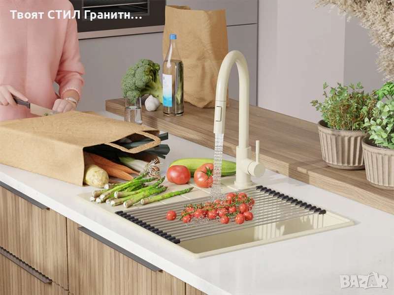 Бежава кухненска гранитна мивка Копенхаген 50 Top 620х500, снимка 1