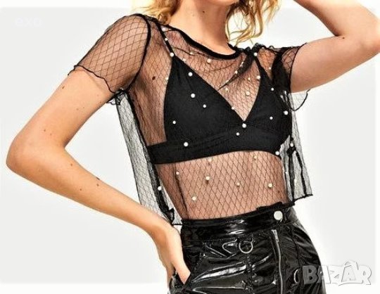 Черен топ с перли, Топ мрежа с перли, снимка 1