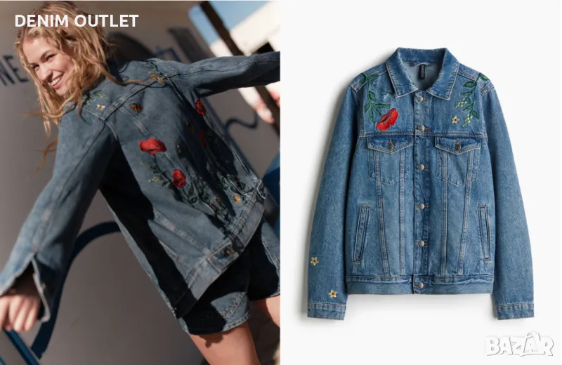 Дамско дънково яке с цветчета H&M, снимка 1