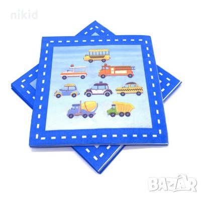 Линейка Полиция Автобус Багер превозни средства сини 10 парти салфетки рожден ден, снимка 1