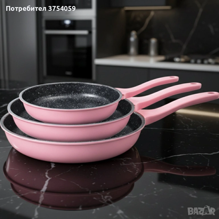 Комплект тигани Cheffinger розово с мраморно покритие – 3 части за всяка кухня - розов цвят, снимка 1