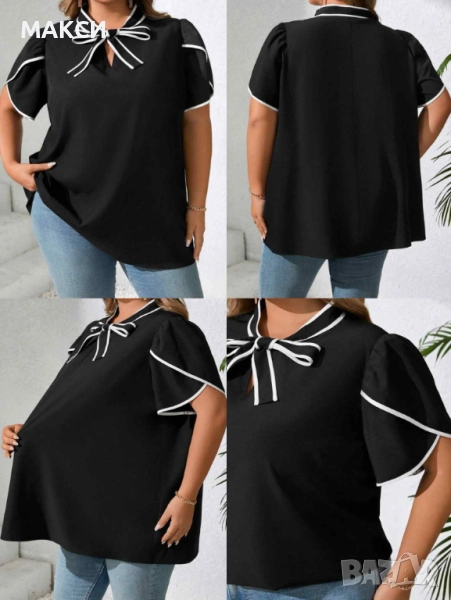 Овърсайз елегантна ефирна блуза с ефектна вързалка и клоширани ръкави в черно с бели кантове, снимка 1