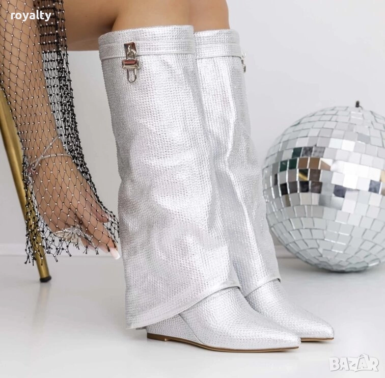Ботуши на платформа - сребристи с камъчета, снимка 1