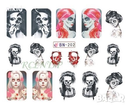 BN-202 дама лица череп татос ваденки водни стикери за нокти маникюр Halloween Хелоуин