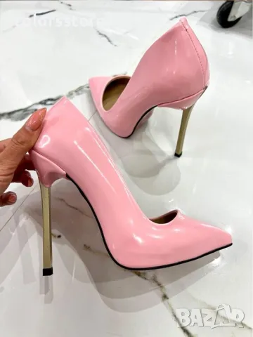 Обувки на ток - розов лак със златист ток - 6060