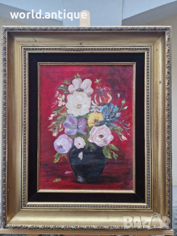 Красив антикварен авторски натюрморт масло върху платно , снимка 3 - Картини - 52990853
