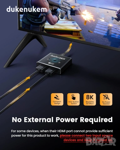 HDMI 2.1 суич/сплитер 8K – двупосочен, алуминиев корпус, снимка 6 - Суичове - 53242841