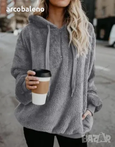Дамски поларен суичър с качулка и джоб с връзки, 6цвята , снимка 9 - Суичъри - 47508930