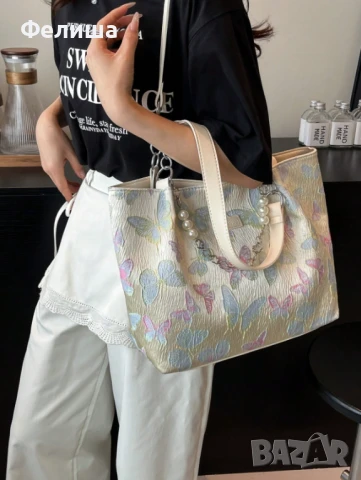 Стилна Ежедневна Дамска Чанта с Блестящи Цветни Пеперуди и Перли Арабски Стил, снимка 5 - Чанти - 50827751