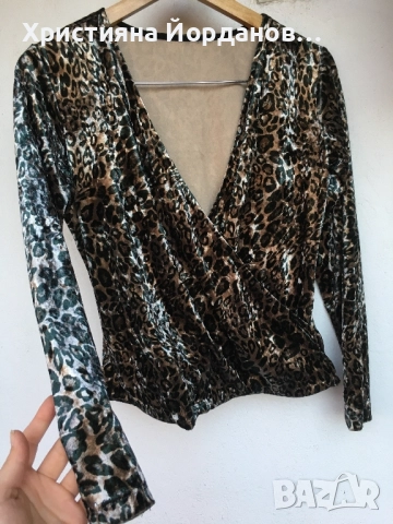 Леопардов десен блуза с отворено деколте, снимка 4 - Блузи с дълъг ръкав и пуловери - 52366159