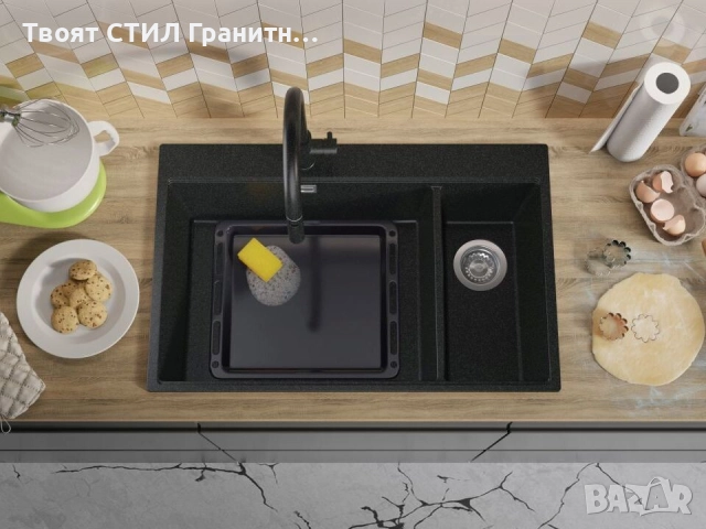 Графит кухненска гранитна мивка Осло 80 Duo Top 780x500 мм, снимка 7 - Мивки - 52548492
