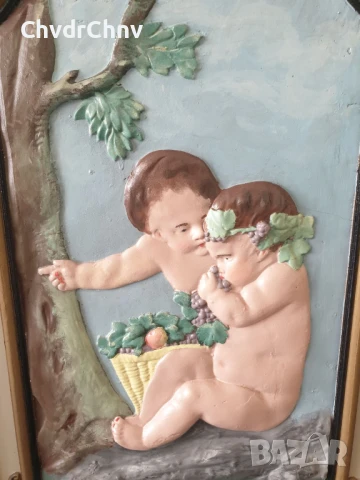 91х64см-8кг/стара голяма маслена картина-пано от гипс/голи деца/Рококо/дървена рамка, снимка 3 - Картини - 51357831
