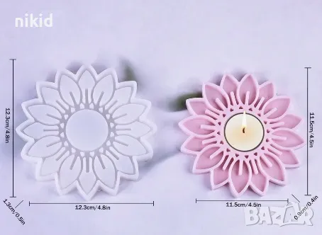 Цвете слънчоглед гербер поставка поднос за свещ свещник силиконов молд форма смола гипс шоколад, снимка 2 - Форми - 47281008