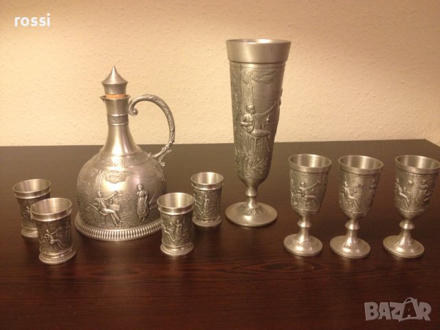 Старинни немски калаени предмети кана чаши чаша серия "Lindenwirthin", снимка 1 - Колекции - 44280240