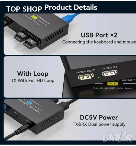 HDMI KVM USB 120M удължител зa предаване през Cat5e/6/7 HD Full HD 1080P60Hz Поддръжка Loop, снимка 5 - Кабели и адаптери - 48933394