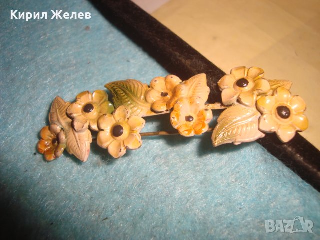 СТАРА АРТ НУВО ПОЗЛАТЕНА БРОНЗОВА ЛАКИРАНА ФЛОРАЛНА БРОШКА - ЦВЕТЯ 20704, снимка 7 - Антикварни и старинни предмети - 35032321