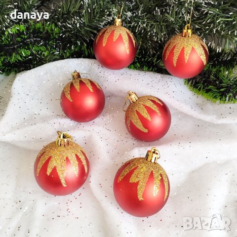 4260 Комплект червени коледни топки за елха със златист брокат, 6 броя, снимка 3 - Декорация за дома - 42903112