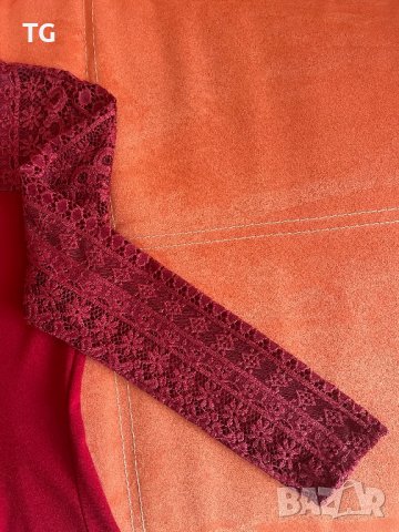 Червена дамска блуза с дантелени ръкави и ефектна яка, снимка 4 - Блузи с дълъг ръкав и пуловери - 39733998