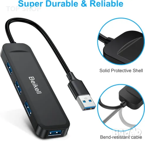 USB 3.0 хъб, Beikell USB хъб за данни 4 порта ултра тънък високоскоростен за Macbook, Mac Pro/Mini, снимка 4 - Кабели и адаптери - 48510941