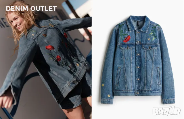 Дамско дънково яке с цветчета H&M, снимка 1