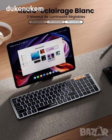 Сгъваема безжична Bluetooth клавиатура AZERTY, с подсветка и цифров блок, снимка 3 - Клавиатури и мишки - 53073469