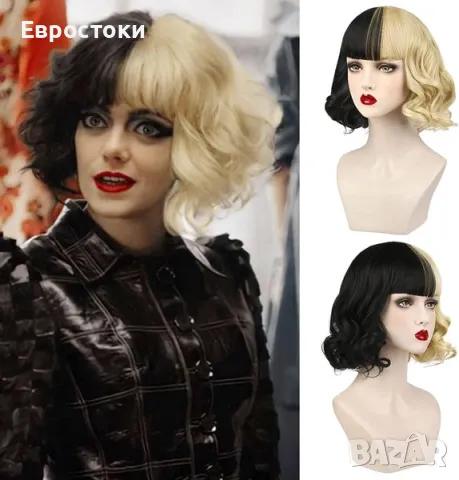 Shining Yourself ls460-1 Женска перука Cruella Deville Черно-бяла къса, къдрава перука с бретон , снимка 2 - Аксесоари за коса - 47826234