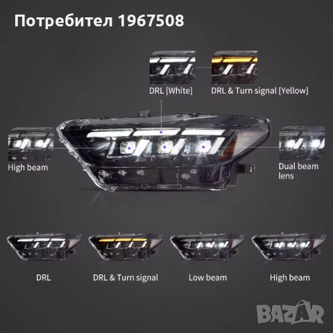 Комплект Full LED фарове с динамични мигачи за Mustang 2015 - 2017 с визията на 2024- S650, снимка 2 - Части - 51146514