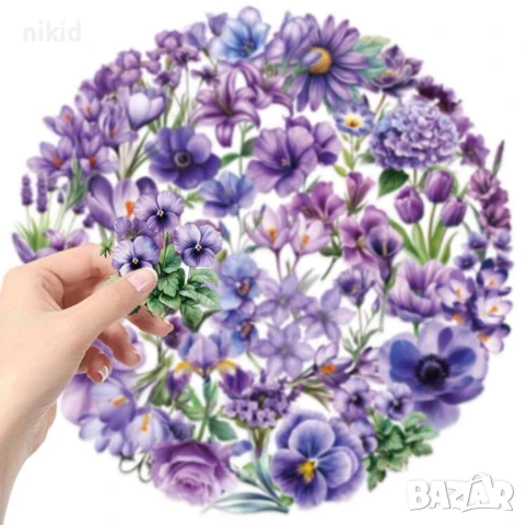 50 бр прозрачни лилави цветя самозалепващи лепенки стикери за украса декор картонена торта и др, снимка 2 - Други - 51254460