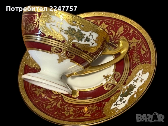 Порцеланова чаша с чинийка – F.M.C. handgemalt, ръчно рисувана, позлата, снимка 3 - Чаши - 51482749