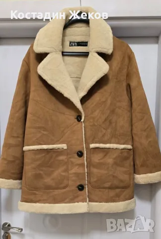 Ново. Дамско кафяво палто от изкуствен велур и изкуствена овча кожа (faux shearling) . ZARA .