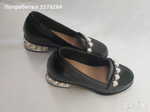 НОВИ Черни кожени елегантни обувки с перли, снимка 6 - Дамски елегантни обувки - 40488526