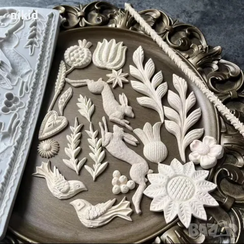 Пано заек птичка нар цвете цветя листа овес силиконов молд форма фондан шоколад гипс декор, снимка 3 - Форми - 48427324