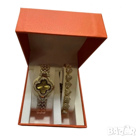 Комплект часовник + гривна – Луксозен стил с камъни, снимка 2 - Бижутерийни комплекти - 52040676