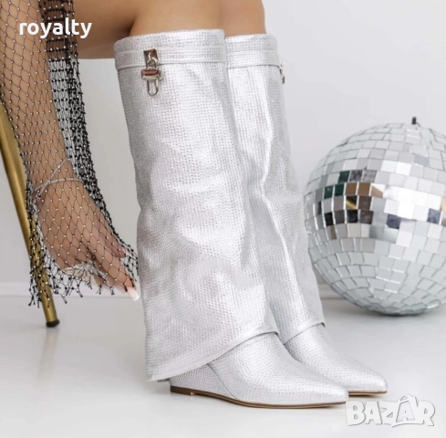 Ботуши на платформа - сребристи с камъчета