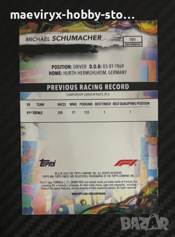 Topps Finest Formula 1 (2024) - #191 Michael Schumacher /150, снимка 2 - Колекции - 53288947