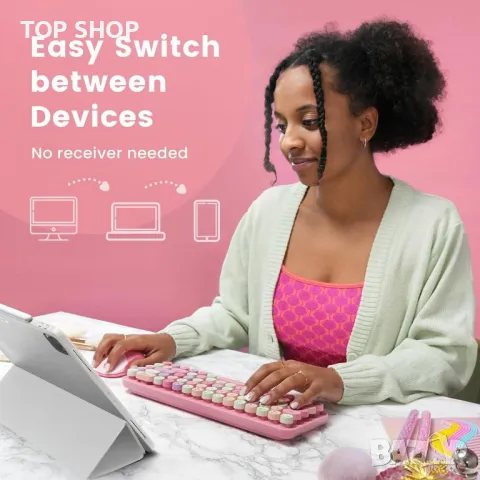 Perixx PERIDUO-802PK Bluetooth мини клавиатура и мишка - розово, снимка 3 - Клавиатури и мишки - 49500297