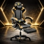 Черен геймърски стол с златисти акценти и разтегляема поставка за крака, снимка 3